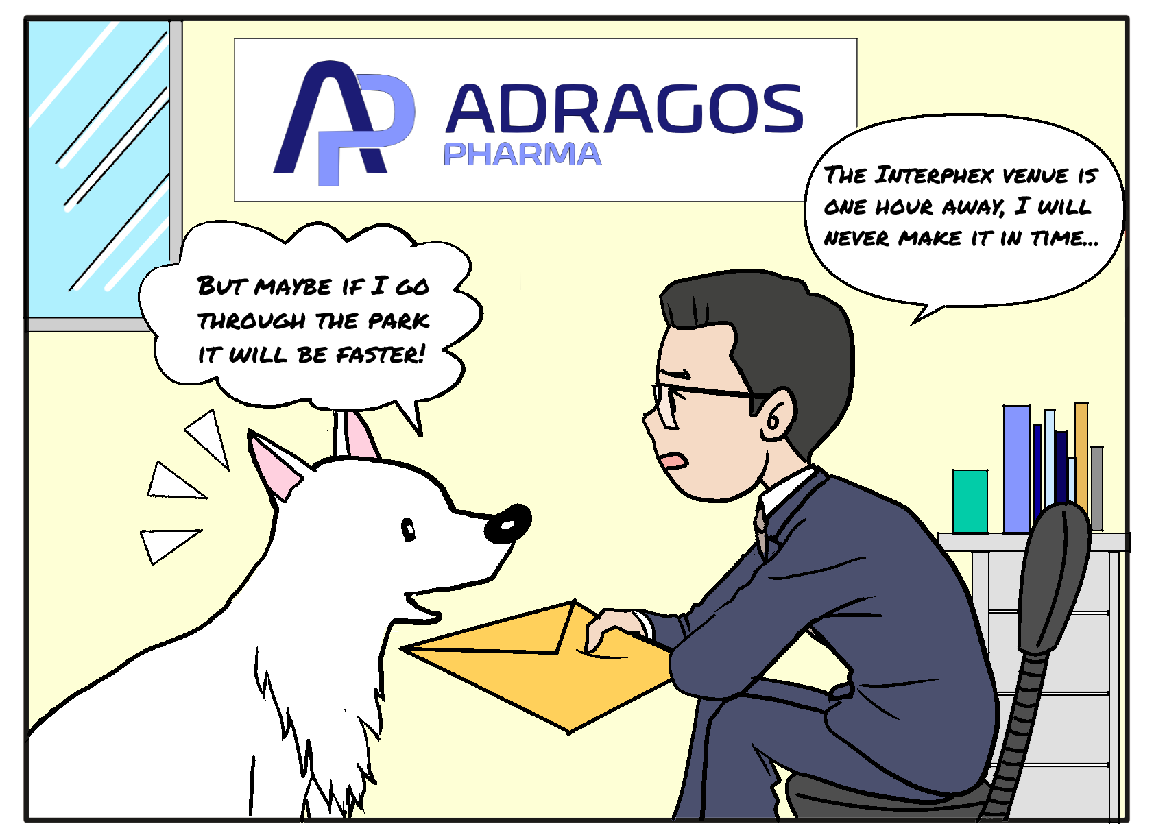 White dog and man in office