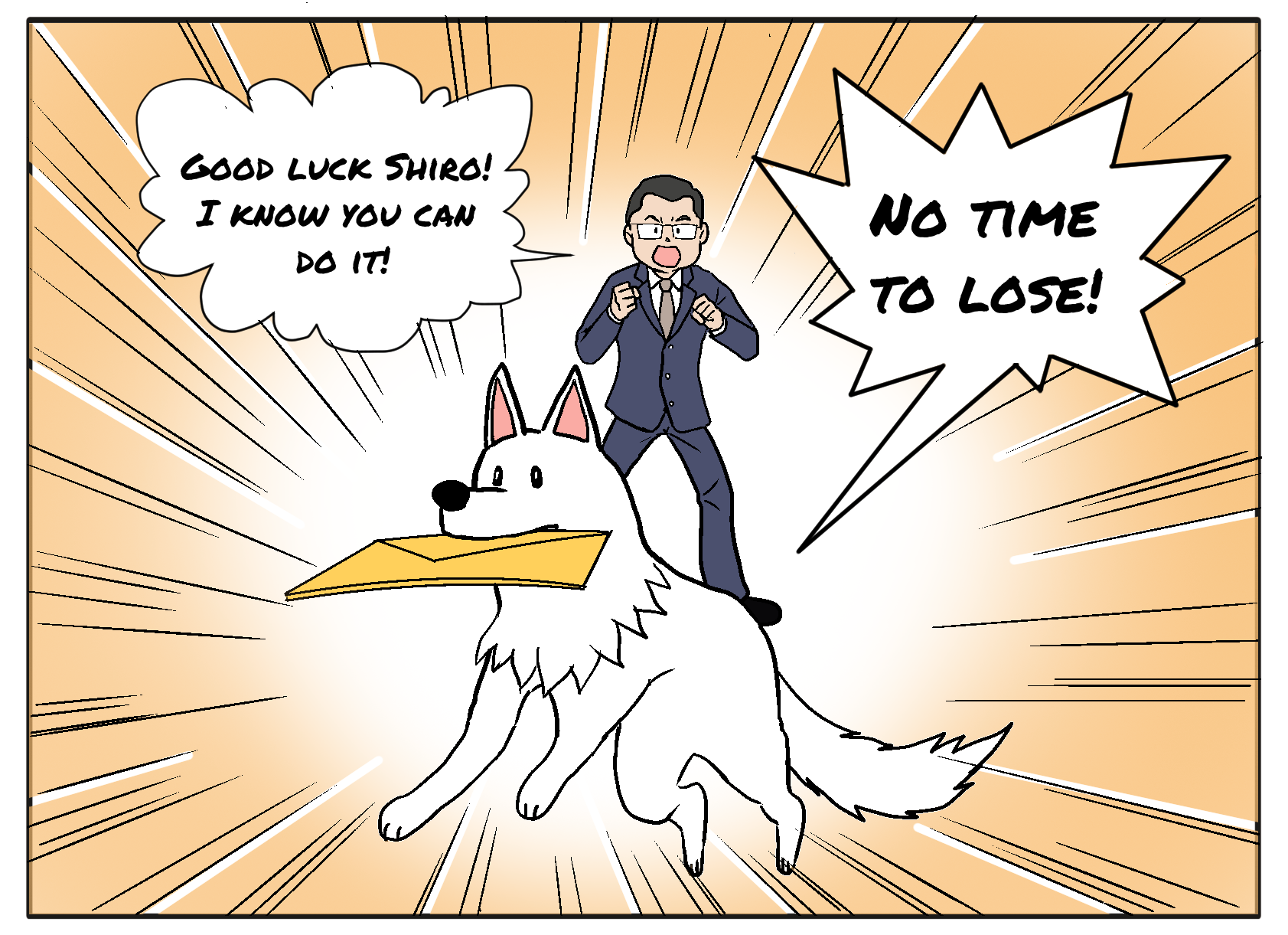 White dog running with envelope manga