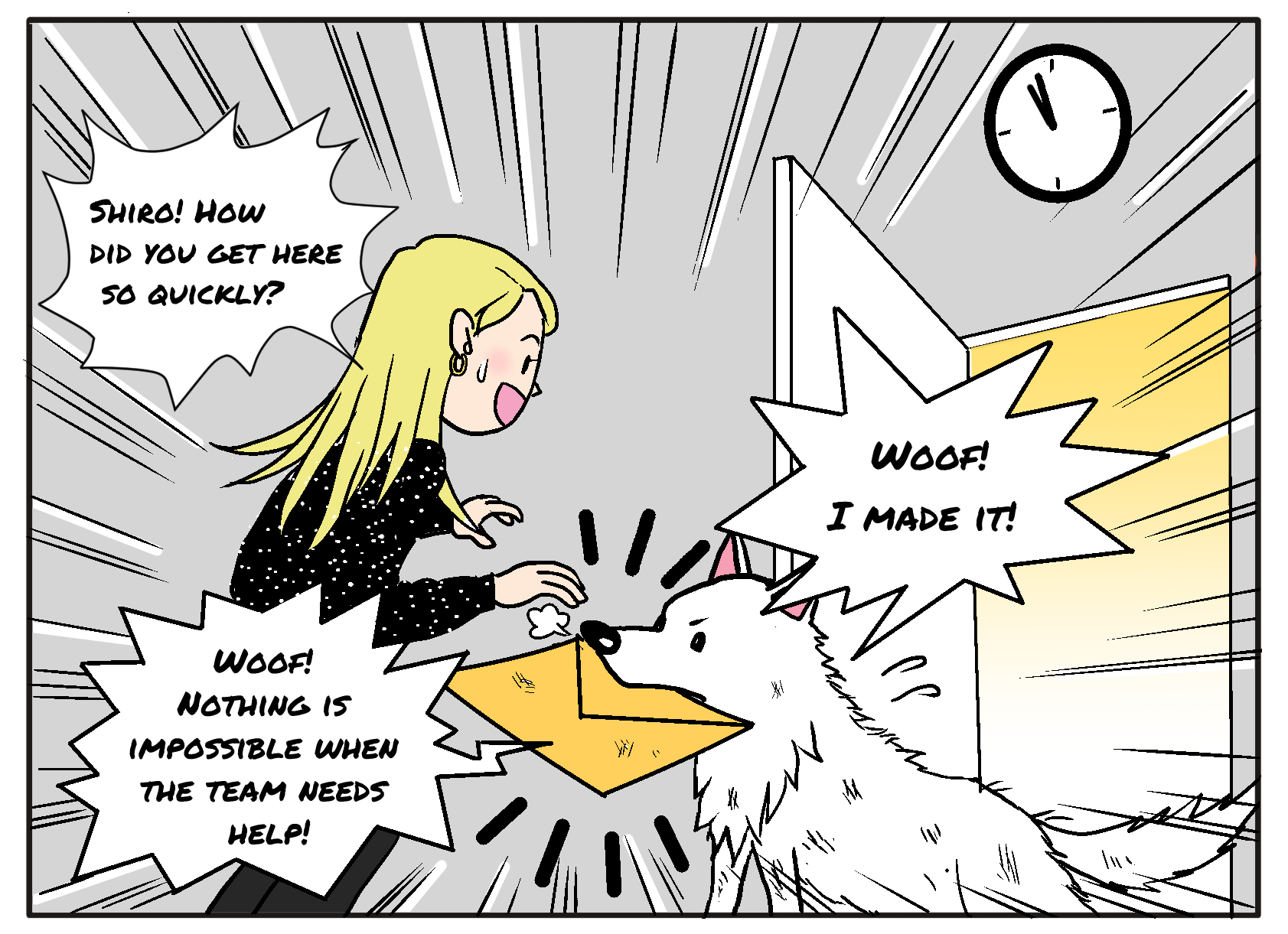 White dog bringing female envelope- manga